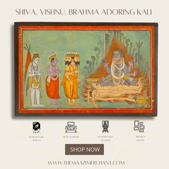 Shiva, Vishnu, Brahma adoring Kali
