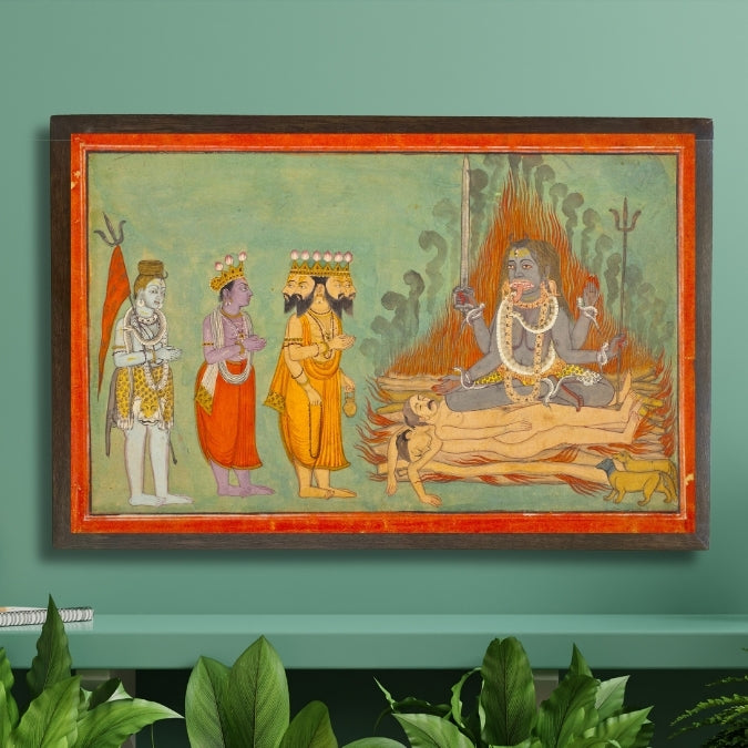 Shiva, Vishnu, Brahma adoring Kali