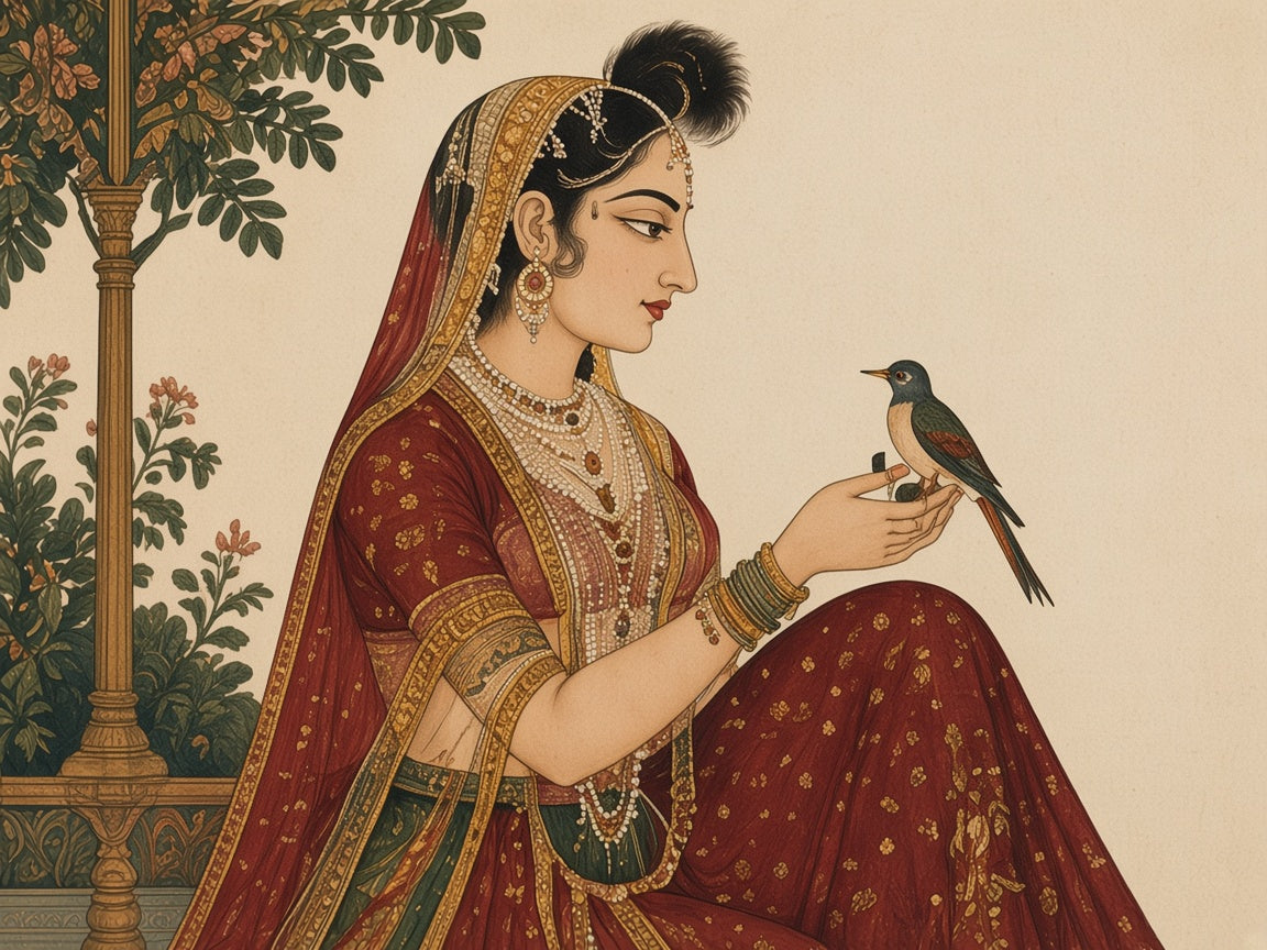 A woman in a burgundy sari holding a bird beside a flowering tree