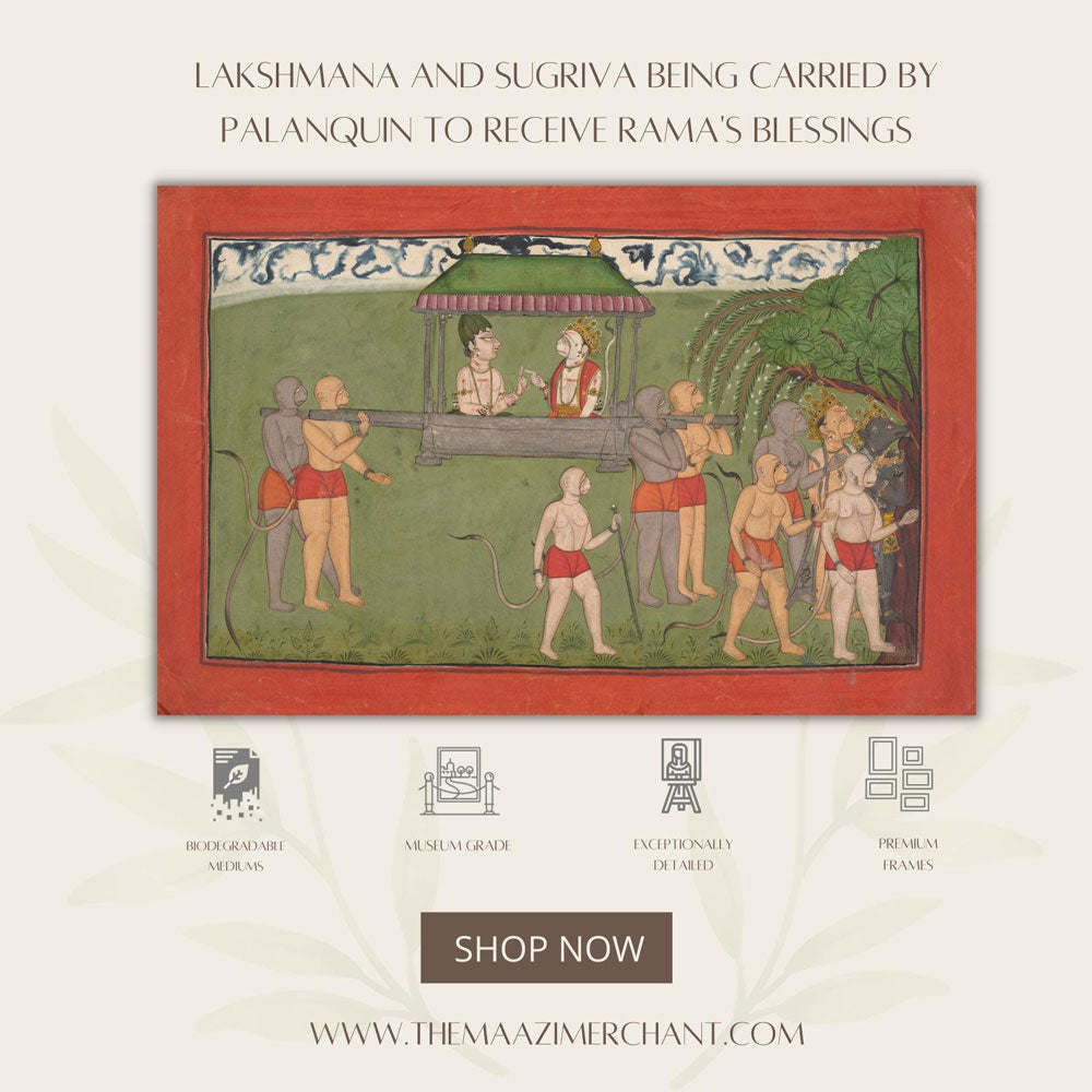 Lakshmana and Sugriva Being Carried by Palanquin to Receive Rama's Blessings