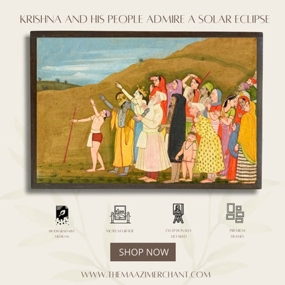 Krishna and his people admire a solar eclipse