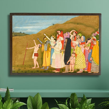 Krishna and his people admire a solar eclipse