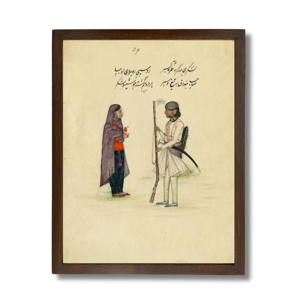 Sikh soldier presenting arms to a lady, 1850