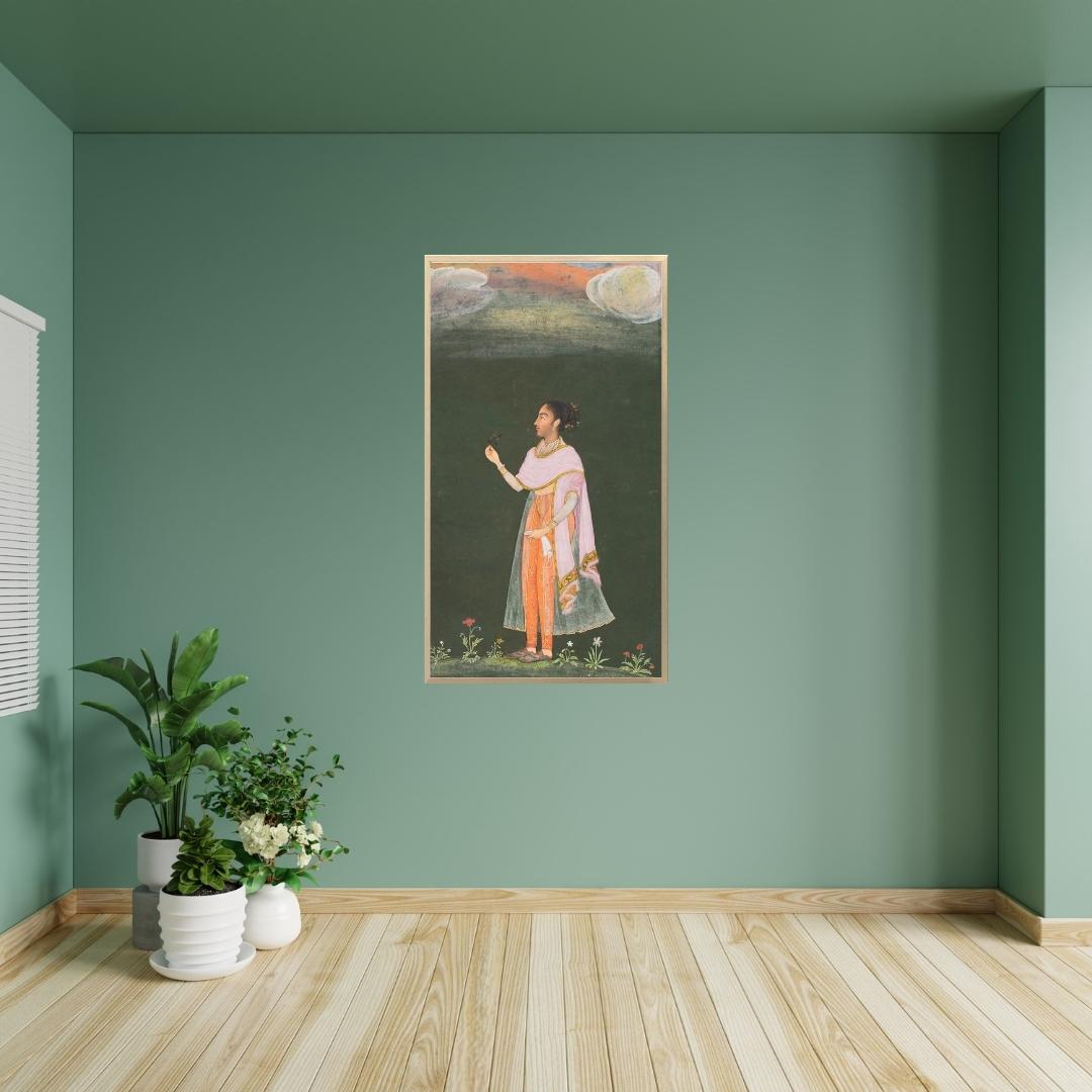 A woman at the court of bikaner holding a flower