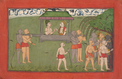 Lakshmana and Sugriva Being Carried by Palanquin to Receive Rama's Blessings